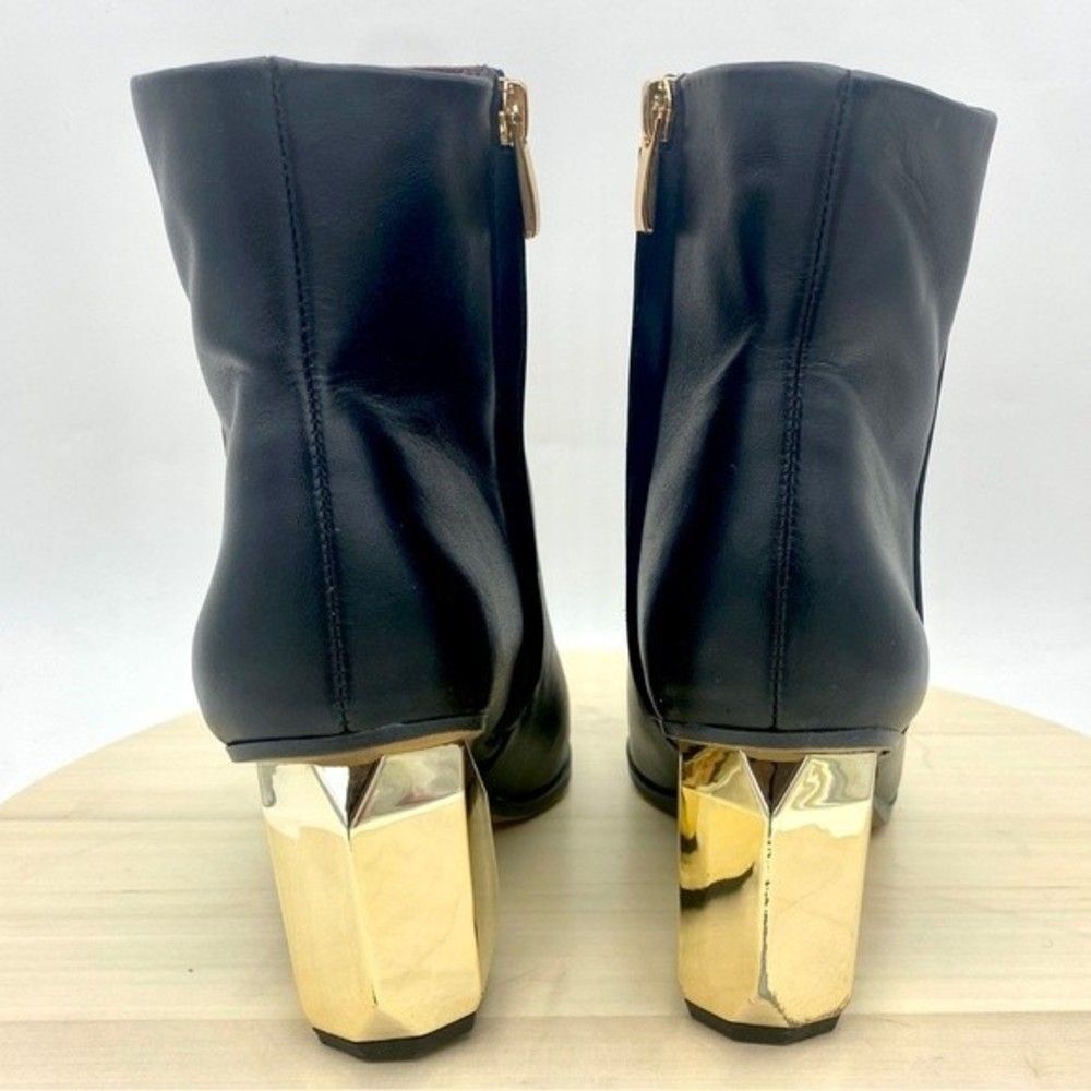 Franco Sarto Tiera Black Leather Gold Beveled Block Heel Ankle Boot Size 7M NEW! - Picture 4 of 10